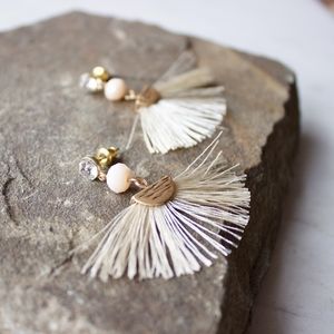 Crystal & Bead Accented Ivory Fan Tassel Earrings